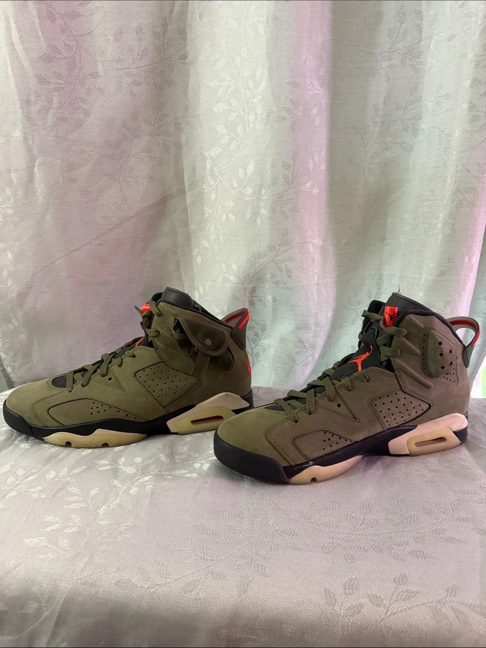 Travis Scott Jordan Men’s Olive Green Sneakers with Red Jumpman Accents